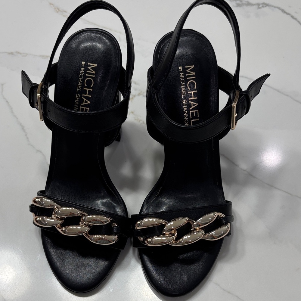 Michael Shannon Black Leather Slingback Heels with Gold Chain Accent